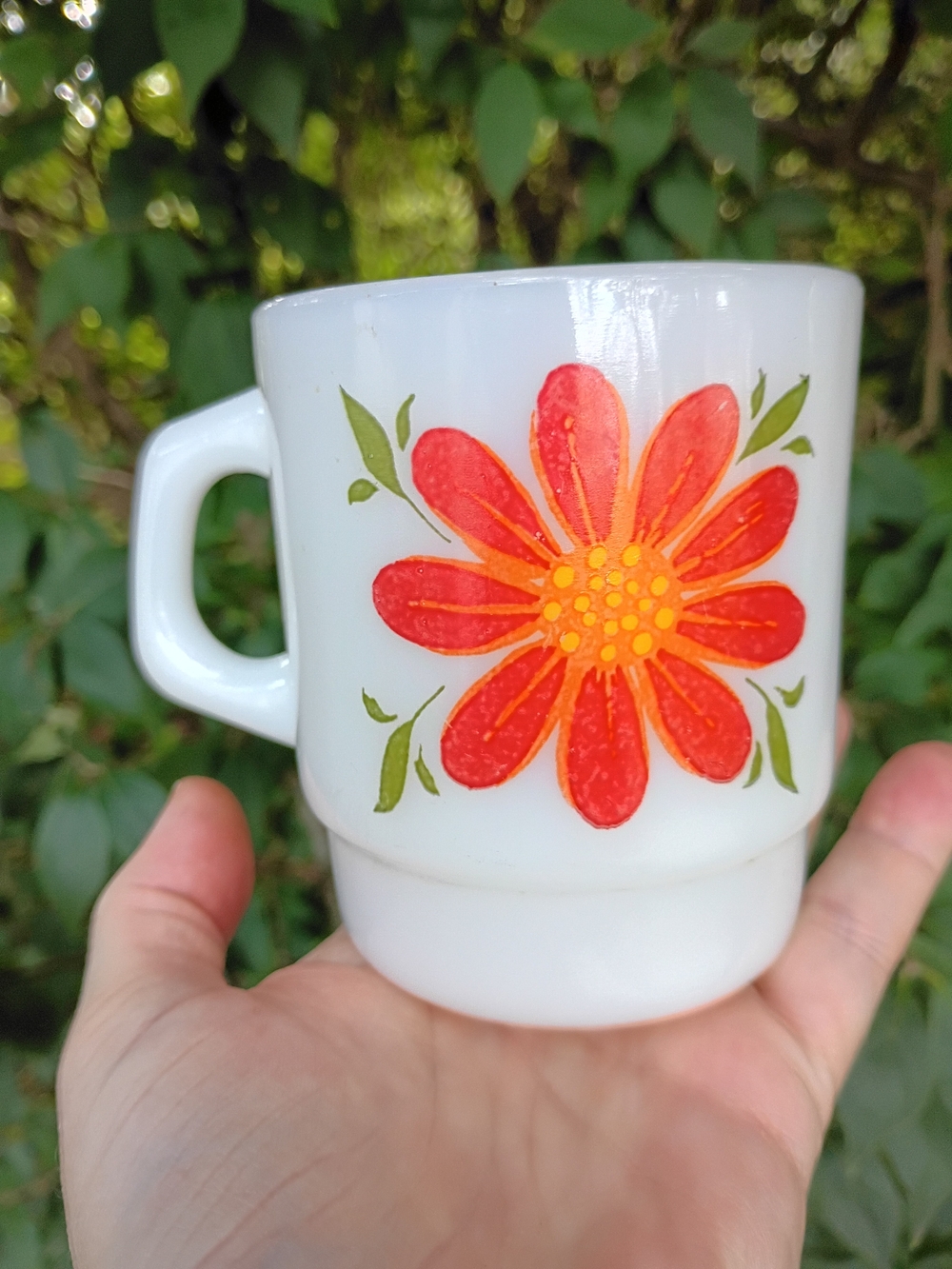 Vtg Milk Glass Fire King Ware Stacking Orange Daisy Mug MCM